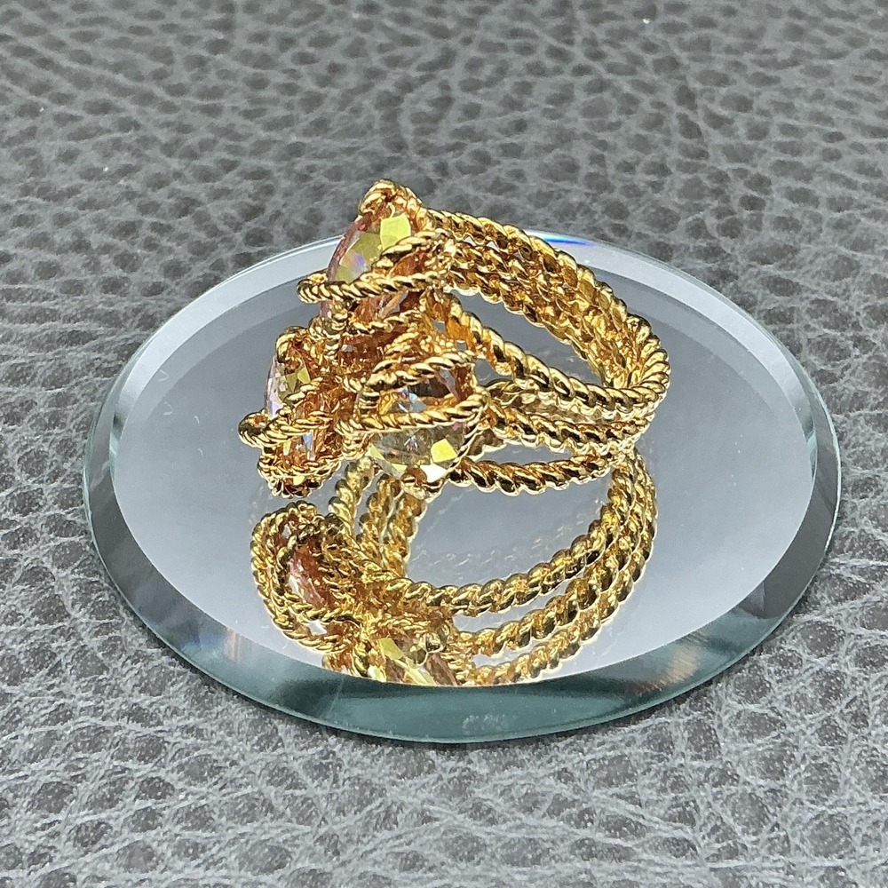 Gold Tone Ring Size 8 Champagne Crystal Three Stone Cocktail Womens Split Shank